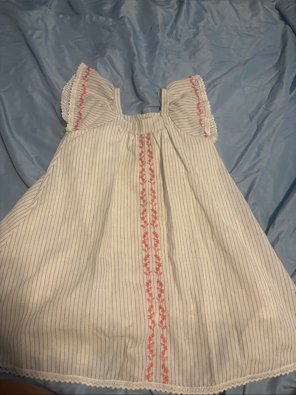 Jessica Simpson White Dress with Blue Pinstripes and Pink Embroidery